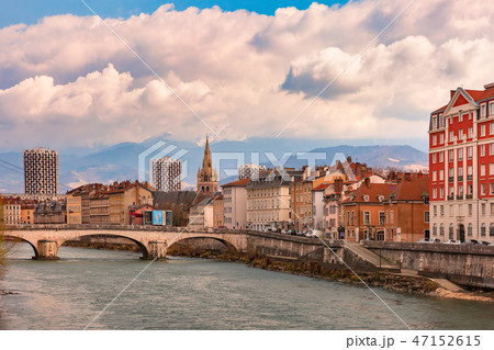 Church, Isere river and bridge in Grenoble, France 47152615