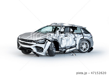 Single car crashed. Silver sedan damaged on a side 47152620