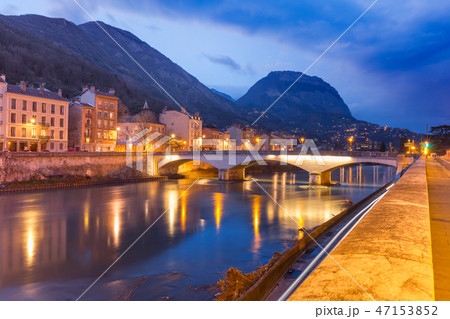 Church, Isere river and bridge in Grenoble, France 47153852