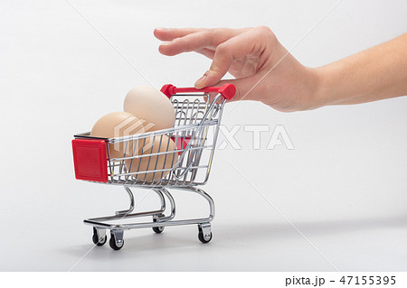 Buyer pushes miniature grocery cart with chicken Buyer pushes miniature grocery cart with chicken 47155395