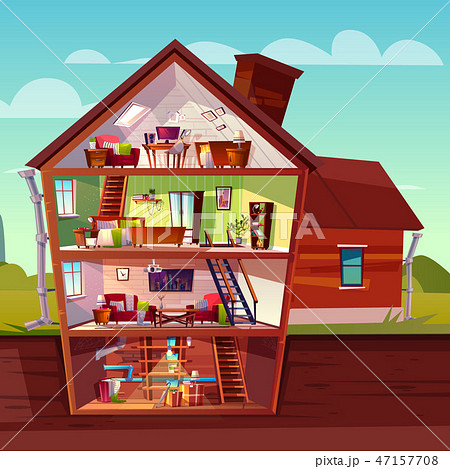 Cartoon Multistorey House In Cross Sectionのイラスト素材