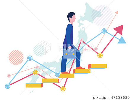 日本のビジネスマンの将来の展望ステップアップとグラフ フラットデザインコンセプトイラストのイラスト素材