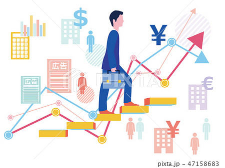 経営者ビジネスマンのステップアップとグラフ フラットデザインコンセプトイラストのイラスト素材 経営者ビジネスマンのステップアップとグラフ フラットデザインコンセプトイラストのイラスト素材