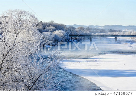 冬の鉄橋のある風景の写真素材