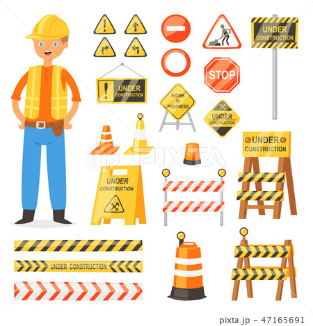 Road sign vector traffic street warning and barricade blocks on highway and builder character 47165691