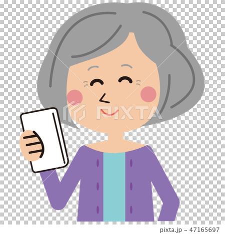 外出先でスマホ操作を完了するかわいいシニアの女性のイラスト素材