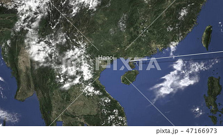 Route of a commercial plane flying to Hanoi, Vietnam on the map, 3D rendering  47166973