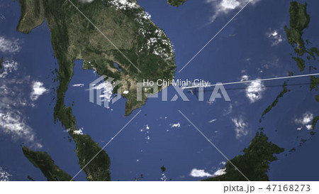 Route of a commercial plane flying to Ho Chi Minh City, Vietnam on the map, 3D rendering  47168273