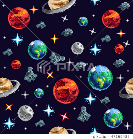 Colorful pixel planets in seamless background 47169482