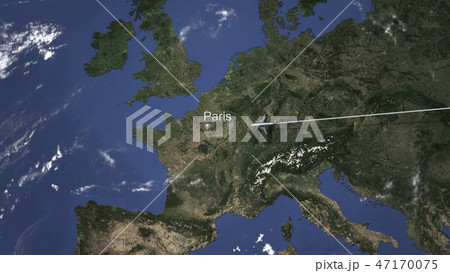 Route of a commercial plane flying to Paris, France on the map, 3D rendering Route of a commercial plane flying to Paris, France on the map, 3D rendering 47170075