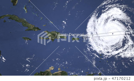 Route of a commercial plane flying to Santo Domingo, Dominican Republic on the map, 3D rendering  47170212