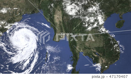 Airliner flying to Yangon, Myanmar from east, 3D rendering  47170407