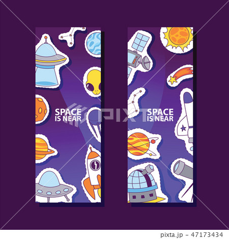 Space and planets stickers. Space is near poster, banner. Cartoon patches background. Exploring 47173434