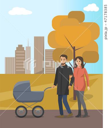 Autumn Park and Couple Walking with Baby Carriage Autumn Park and Couple Walking with Baby Carriage 47178385