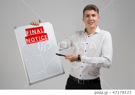 Young man holding final notice isolated on light background 47178525