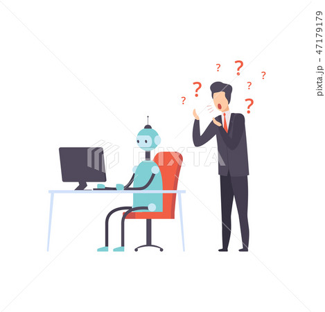 Hiring people or robot, human technology competition, office worker fired from job, vector 47179179
