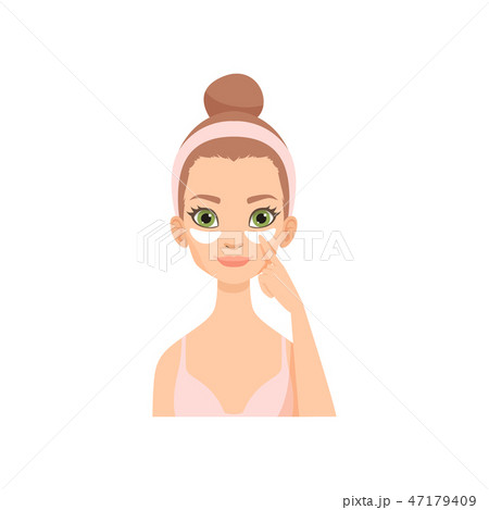 Attractive young woman applying white under eye patches, girl caring for her face, eye skin 47179409