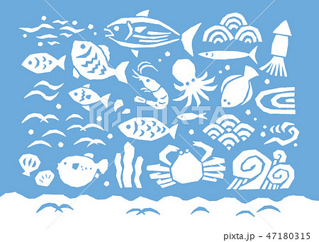 魚介類版画風のイラスト素材