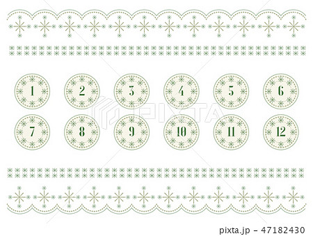 シンプルな刺繍っぽい飾り罫と数字 オリーブのイラスト素材