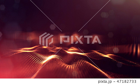 Particles form line and surface grid. 3d rendering. Science fiction golden background of glowing Particles form line and surface grid. 3d rendering. Science fiction golden background of glowing 47182733