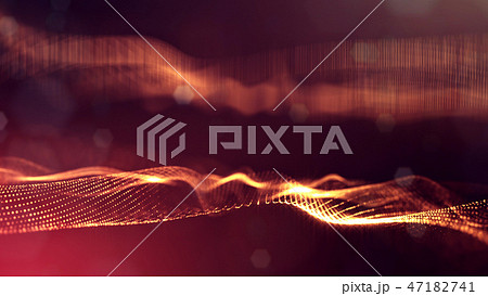 Particles form line and surface grid. 3d rendering. Science fiction golden background of glowing 47182741