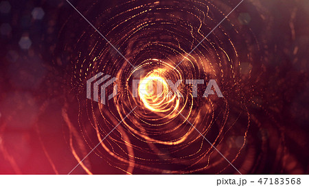 Particles form line and surface grid. 3d rendering. Science fiction golden background of glowing 47183568