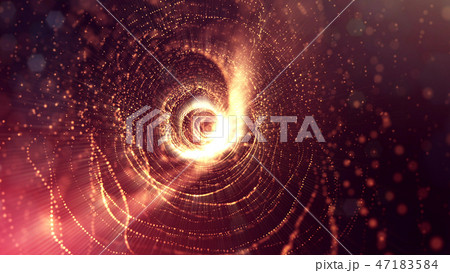 Particles form line and surface grid. 3d rendering. Science fiction golden background of glowing 47183584