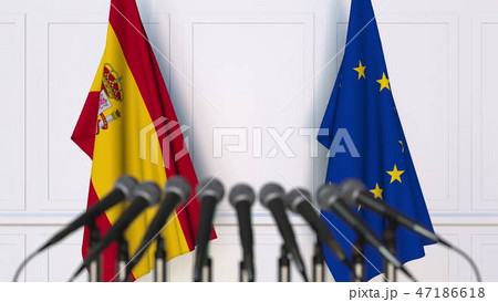 Flags of Spain and the European Union at international meeting or conference. 3D rendering Flags of Spain and the European Union at international meeting or conference. 3D rendering 47186618