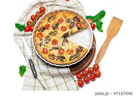 Baked homemade quiche pie in ceramic baking form 47187046