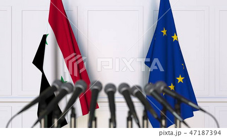 Flags of Syria and the European Union at international meeting or conference. 3D rendering Flags of Syria and the European Union at international meeting or conference. 3D rendering 47187394