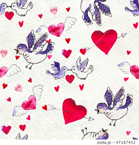 Happy Valentines Day. Seamless pattern with red watercolor hearts and birds. 47187452