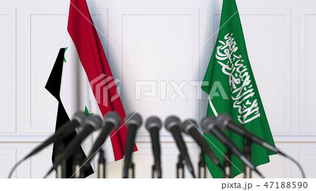 Flags of Syria and Saudi Arabia at international meeting or conference. 3D rendering 47188590