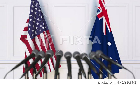Flags of the USA and Australia at international meeting or conference. 3D rendering 47189361