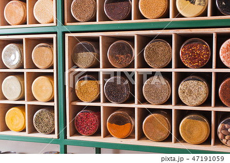 Close view of dry spices and peppers at shop Close view of dry spices and peppers at shop 47191059