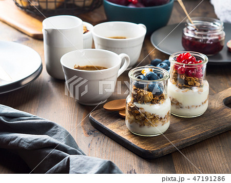 Cozy Breakfast food concept dark wooden background 47191286