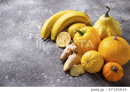 Assortment of yellow fruits and vegetables Assortment of yellow fruits and vegetables 47193634