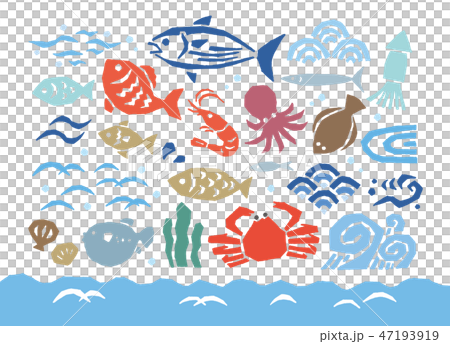 魚介類版画風カラーのイラスト素材