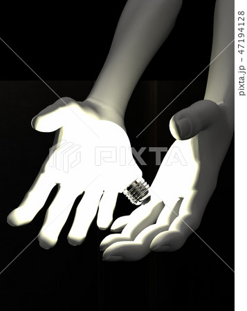 CG　3D　イラスト　立体　デザイン　マーク　シンボル　電球　アイデア　ヒント　手　発明　エネルギー 47194128