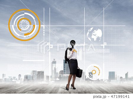 Concept of security and privacy protection with camera headed woman Concept of security and privacy protection with camera headed woman 47199141