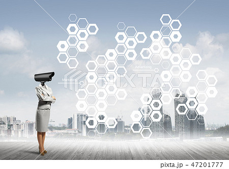 Concept of security and privacy protection with camera headed woman Concept of security and privacy protection with camera headed woman 47201777