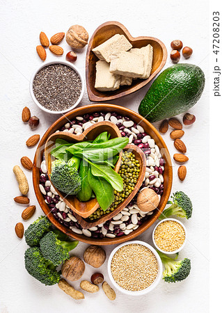 Sources of vegetable protein and Superfood. variety of healthy nutrition ingredients Sources of vegetable protein and Superfood. variety of healthy nutrition ingredients 47208203