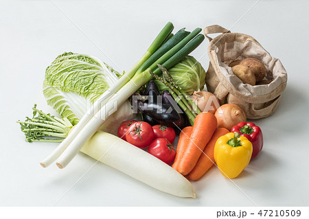 白背景にたくさんの野菜集合切り抜きの写真素材