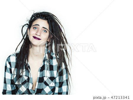 real caucasian woman with dreadlocks hairstyle funny cheerful faces on white 47213341