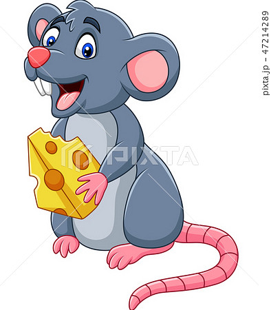 Cartoon mouse holding slice of cheese Cartoon mouse holding slice of cheese 47214289
