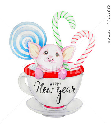 Piglet with Christmas candy sits in a cup.  47215385