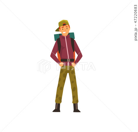 Smiling young man with backpack, outdoor adventures, travel, camping, backpacking trip or expedition 47220683