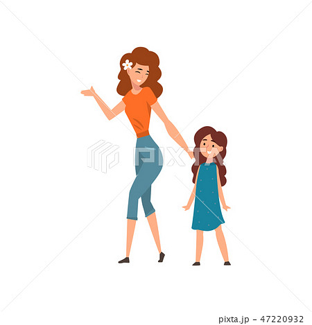 Smiling mother walking with her daughter, mom having a good time with her kid, happy family 47220932