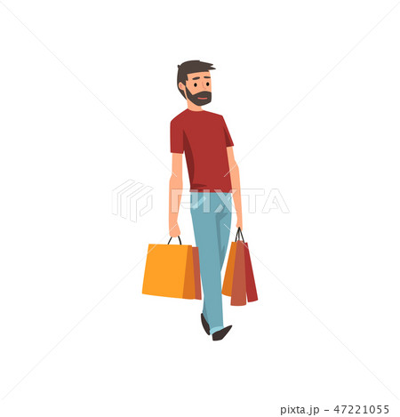 Young bearded man walking with shopping bags, man purchasing of goods or gifts vector Illustration Young bearded man walking with shopping bags, man purchasing of goods or gifts vector Illustration 47221055