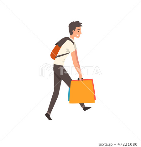 Young man carrying heavy shopping bags, guy purchasing of goods and gifts vector Illustration Young man carrying heavy shopping bags, guy purchasing of goods and gifts vector Illustration 47221080