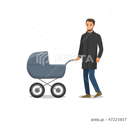 Pram with Newborn Child and Father Isolated Vector 47223837